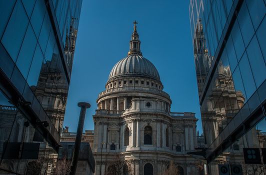 St Paul's Cathedral Looking through modern glass buildings
