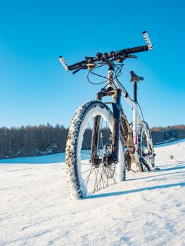  Mountain bike in snow. Lost path in deep snowdrift