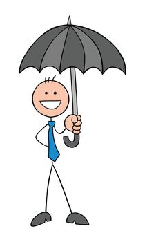 Stickman businessman character holding umbrella and happy, vector cartoon illustration. Black outlined and colored. 