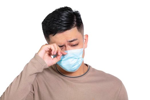 man wearing face mask feeling sick  and fever Covid-19 pandemic
