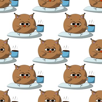 Seamless vector pattern with cute cartoon owl with pillow and coffee