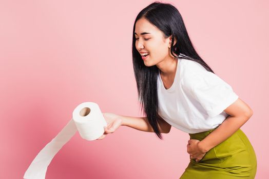 woman diarrhea constipation holding stomachache and tissue toilet paper
