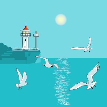 Seascape with gulls and a lighthouse