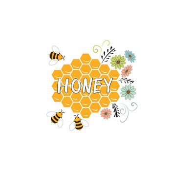 Honey logo with cartoon bees and honeycombs
