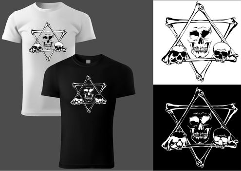 T-shirt Design with a Skull and a Pentagram of Bones - Black and White Illustration with Print on White and Black Textile, Vector