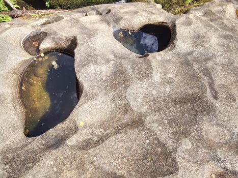 Many holes eroded into rock along Vltava river. Water inside