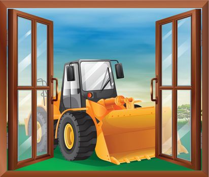 A window with a bulldozer
