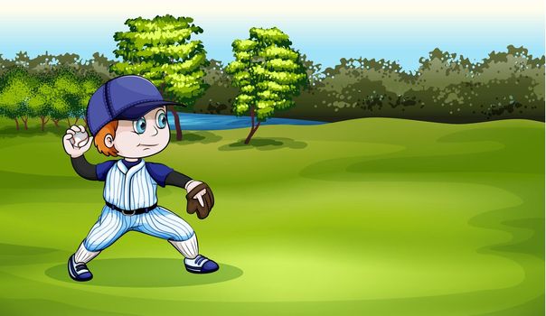 A young baseball player at the field near the river