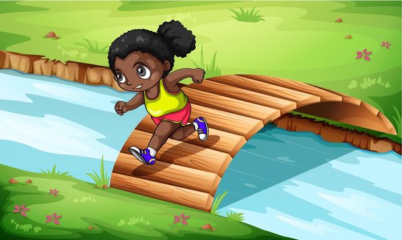 A black girl crossing the wooden bridge