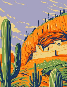 Salado-Style Cliff Dwelling and Saguaro Cactus in Tonto National Monument in Superstition Mountains Located in Gila County Arizona WPA Poster Art