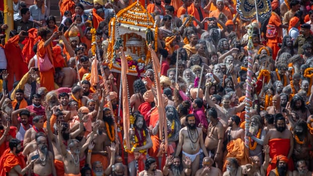 Indian saints or sadhus trail at Indian largest gathering religious Festival Kumbh Mela, Haridwar India,
