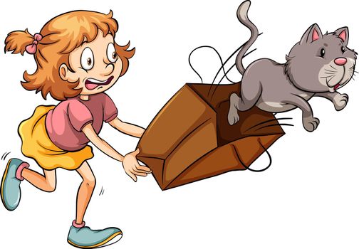 A young girl chasing the cat