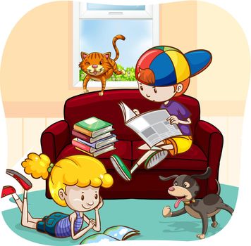 Boy and a girl reading books and newspaper with pets walking around