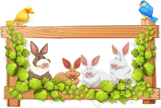 Two birds and four rabbits with wooden frame