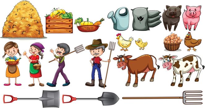 Farmers with their set of tools and farm animals on a white background