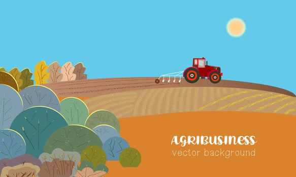 Agri poster with a farm field and a plowing tractor