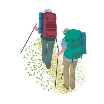 Mountaineering adventures, mountain tourism. Traveling couple, tourists go on a tourist route, a mountain path. Active Rest In The Fresh Air. Flat Vector Illustration.