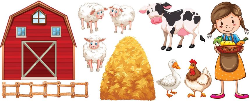 Farmer and farm animals illustration
