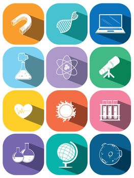 Science and technology symbols on buttons illustration