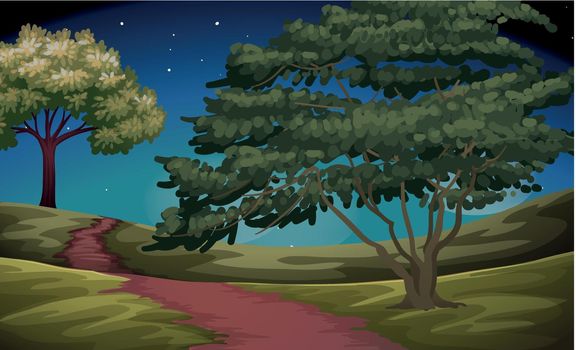Nature scene of countryside at night illustration