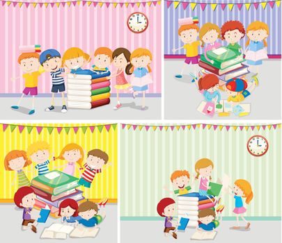 Happy children reading books illustration