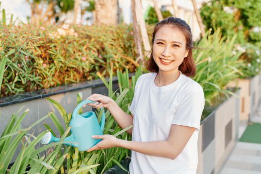 Young Asian woman in white tshirt watering plants in her garden.