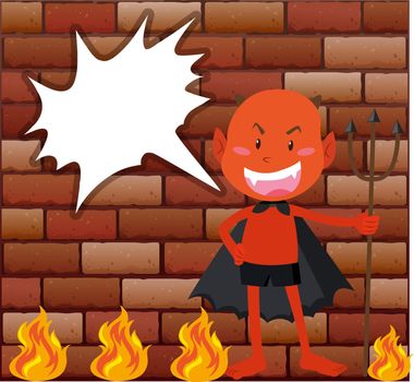 Devil and fire in front of brick wall