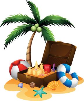 Summer theme with suitcase and sandcastle