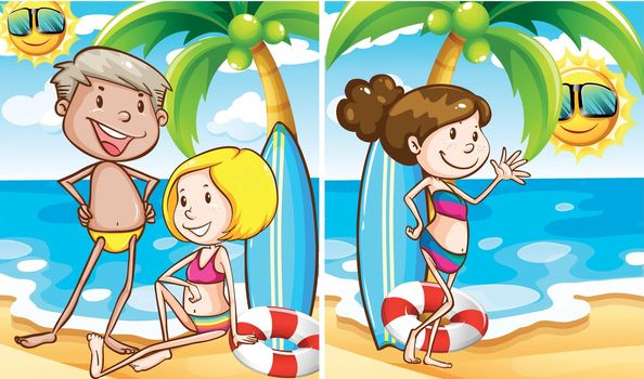 Two scenes of people on the beach