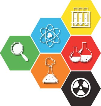 Science symbols on hexagon background