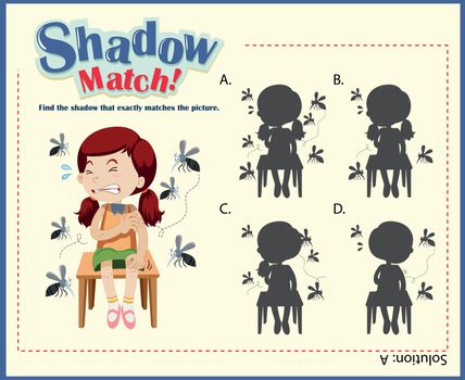 Shadow matching game template with girls and mosquitos