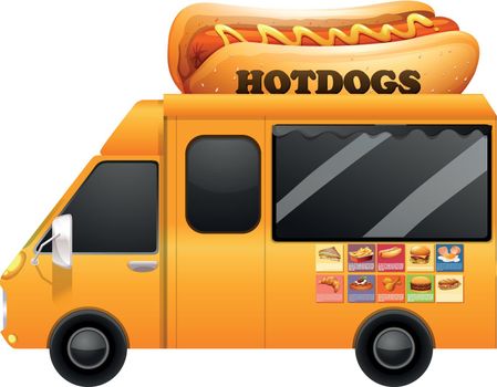 Yellow food truck with giant hotdogs