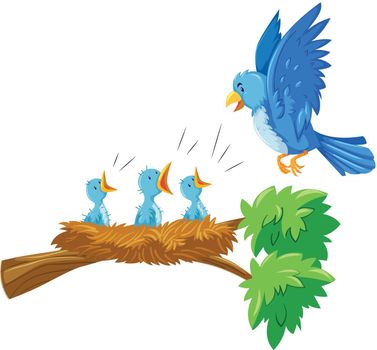 Mother and babies bird on the branch illustration
