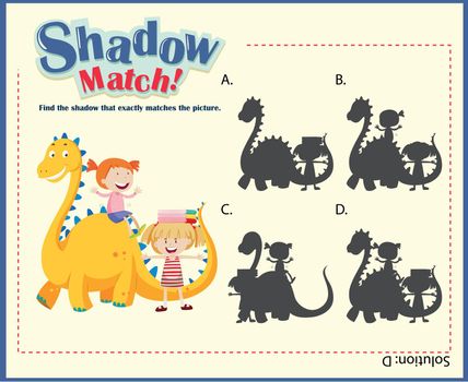 Shadow matching game template with kids and dragon