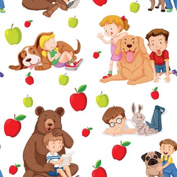 Seamless background with children and pets illustration