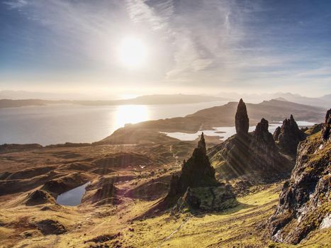 Famous view over Old Man of Storr in Scotland. Popular exposed rocks