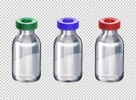 Three bottles with different color caps