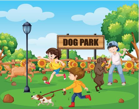 Dog park with people and their pets illustration