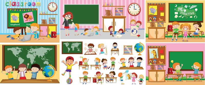 Different scenes of classrooms with kids