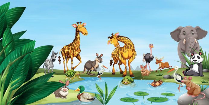 Wild animals by the pond illustration