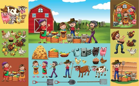 Farmers and animals on the farm	 illustration