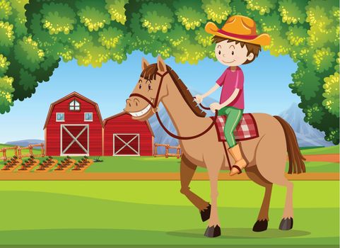 A boy riding horse at farmland