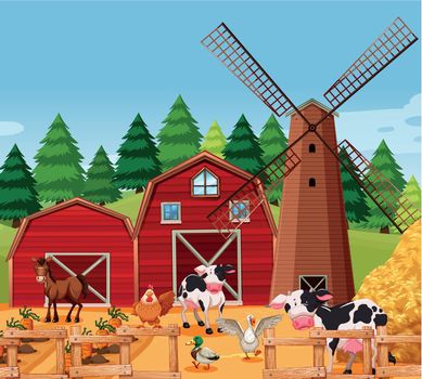 Farm scene with animals illustration