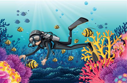 Scuba diver in a beautiful coral scene