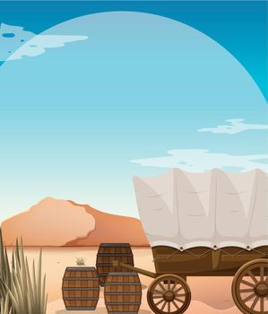 Wagon and barrels in desert field
