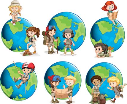 Set of children and globes