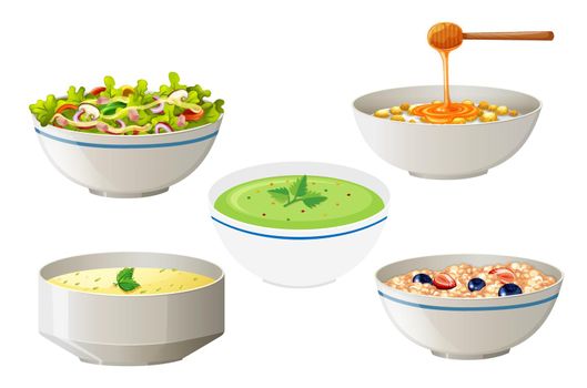 Salad and soups in white bowls