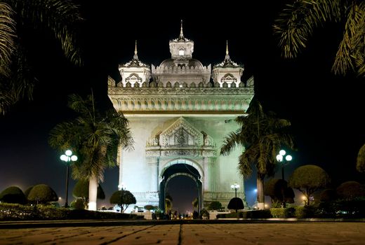patuxai arch landmark in vientiane city laos at night 
