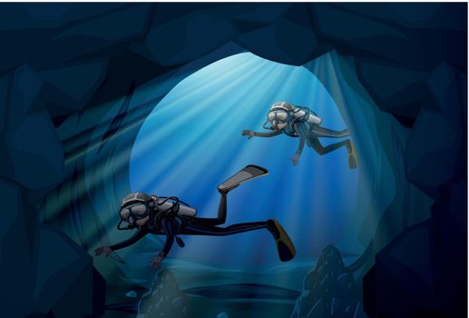 Diver diving in underwater cave