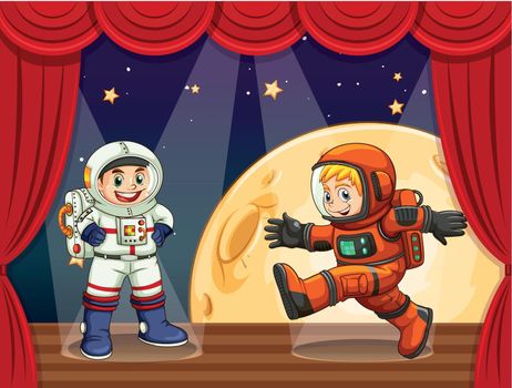 Two astronauts walking on stage
